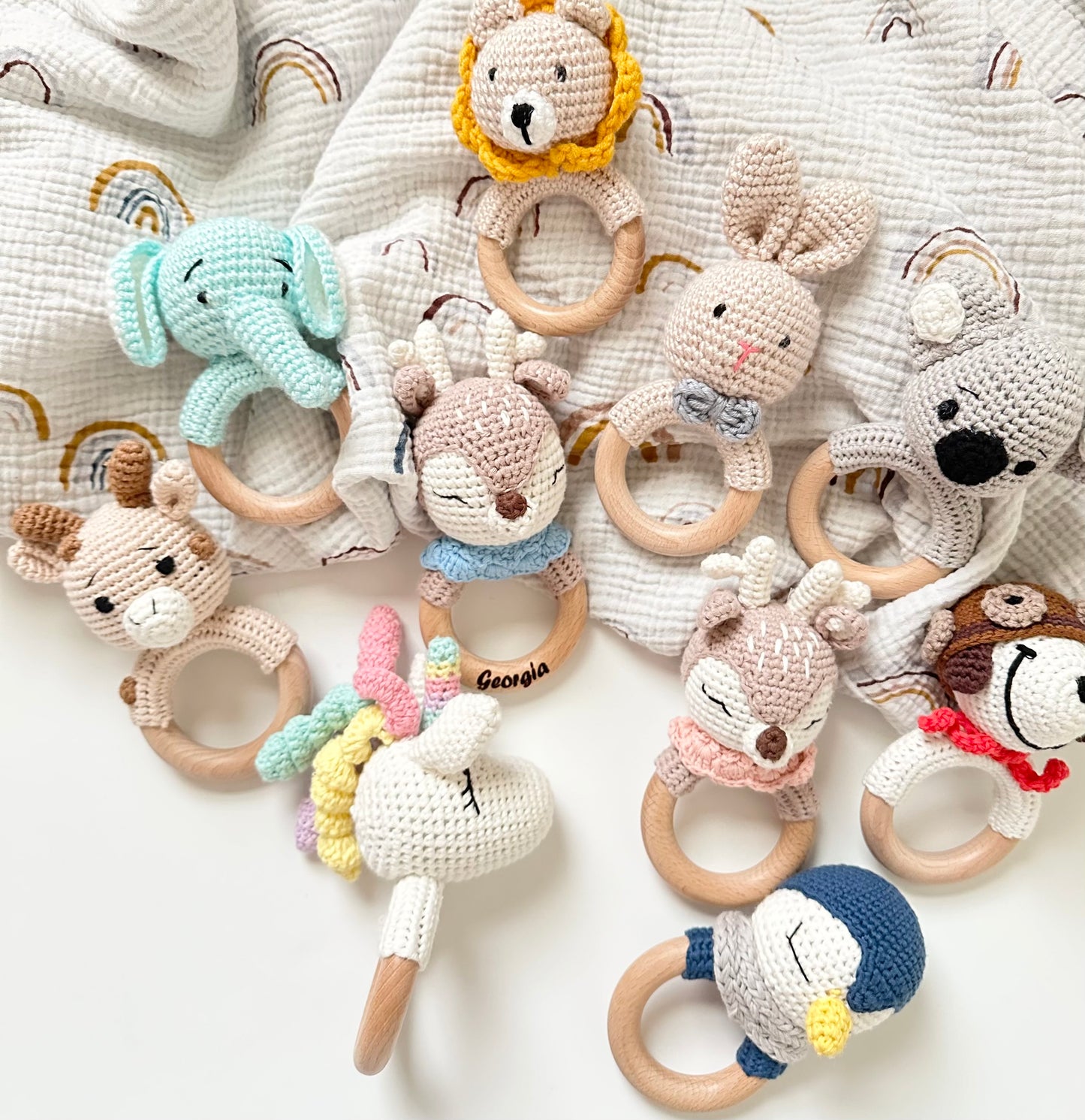 Personalized Animal Crochet Rattle | Custom Wooden Baby Rattle
