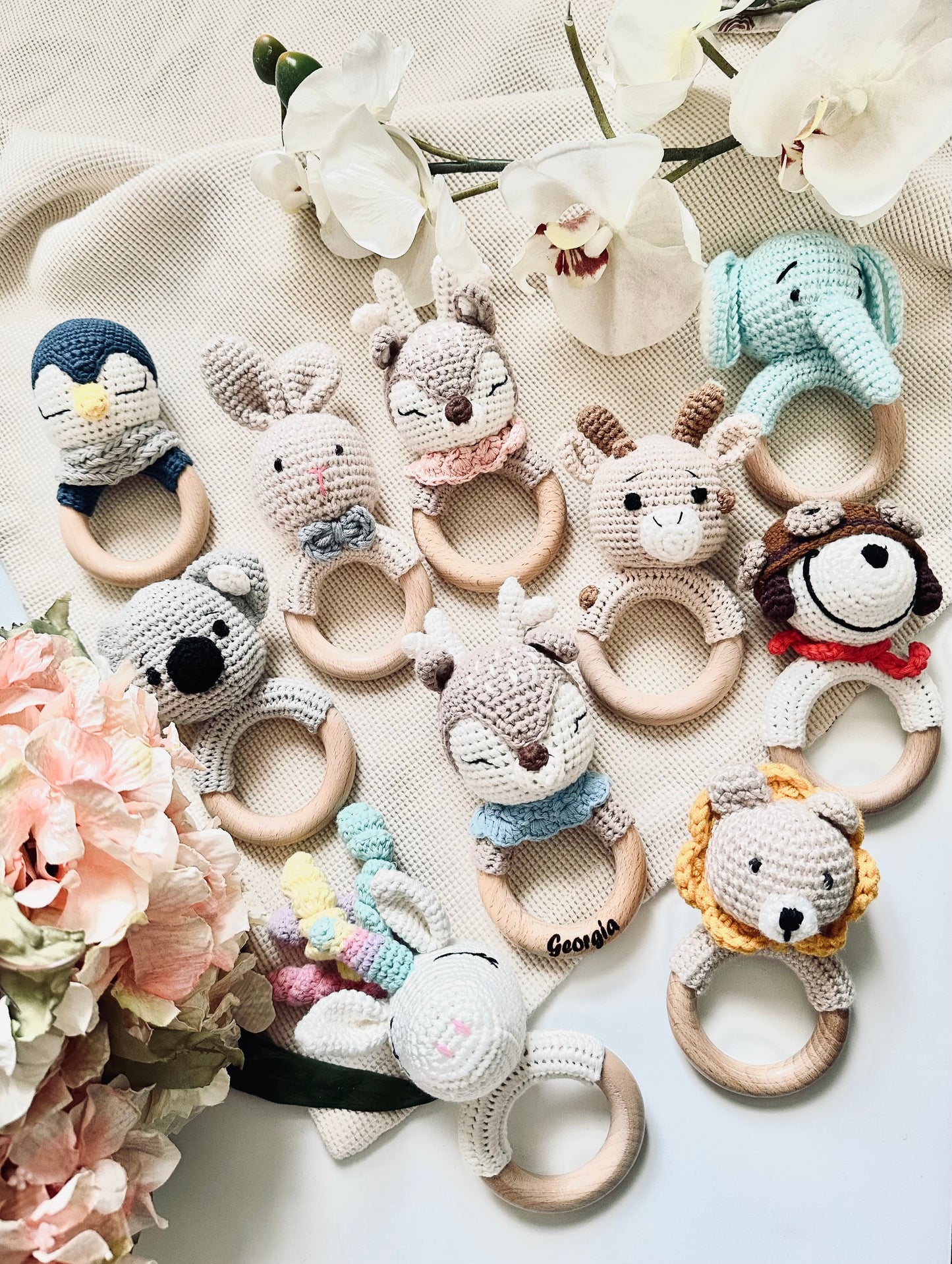 Personalized Animal Crochet Rattle | Custom Wooden Baby Rattle