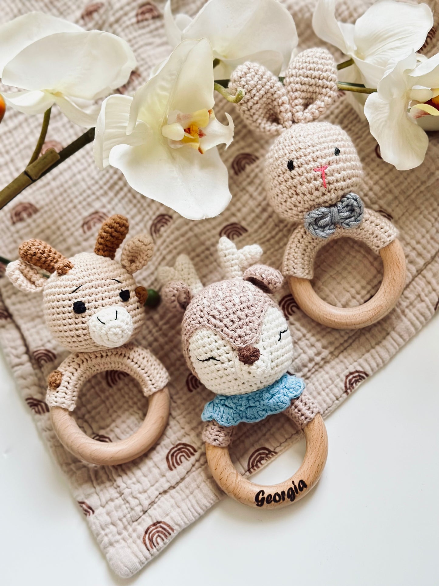 Personalized Animal Crochet Rattle | Custom Wooden Baby Rattle