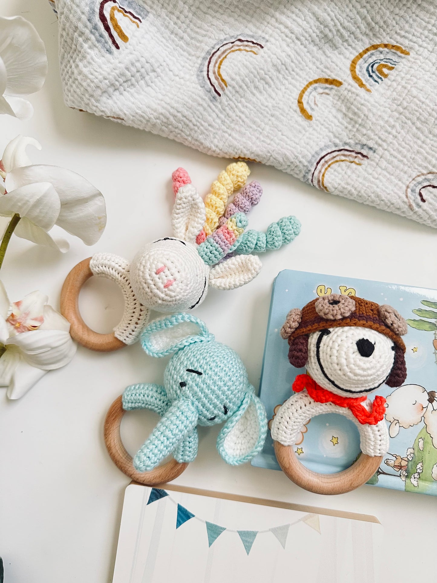 Personalized Animal Crochet Rattle | Custom Wooden Baby Rattle