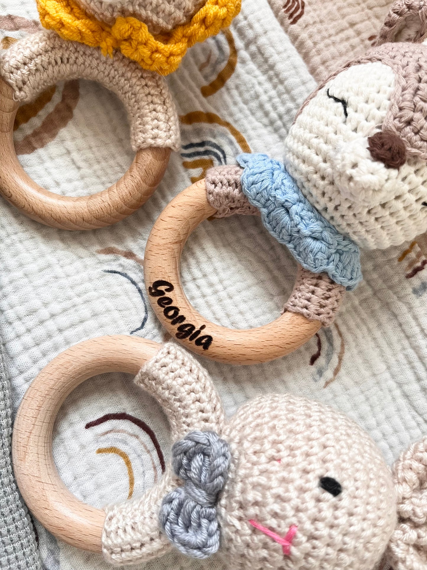 Personalized Animal Crochet Rattle | Custom Wooden Baby Rattle