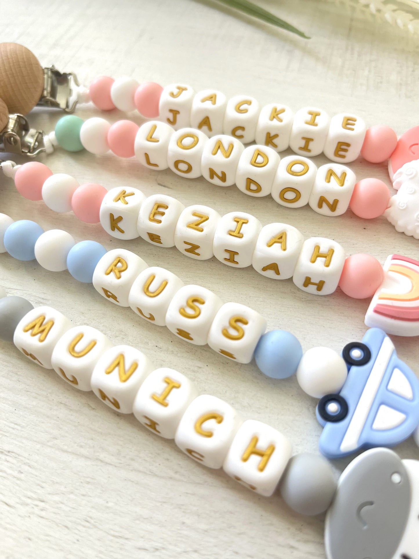 White and Gold Custom Pacifier Holder
