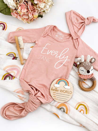 Personalized Baby Name Knotted Gown with Hat | Custom Newborn Coming Home Outfit | Made in USA