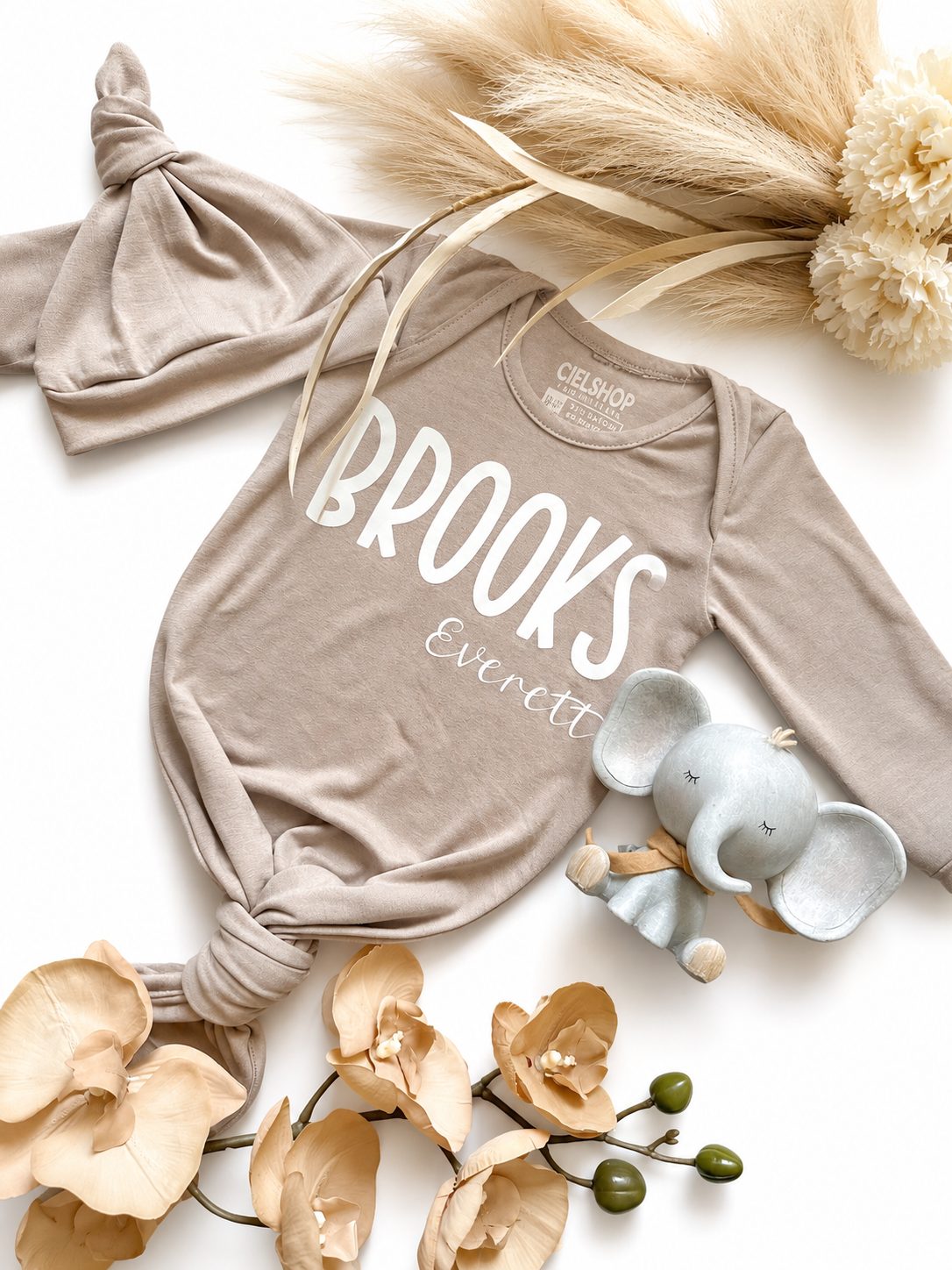 Custom Coming Home Outfit | Soft Bamboo Knotted Baby Sleeper | Made in USA (Khaki)