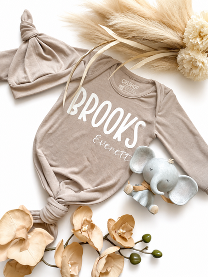 Custom Coming Home Outfit | Soft Bamboo Knotted Baby Sleeper | Made in USA (Khaki)
