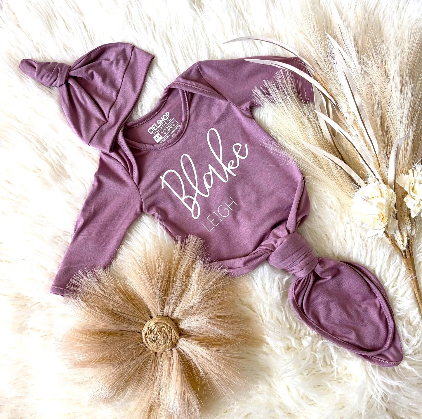 Personalized Knotted Baby Gown With Hat | Easy Diaper Change | Made in USA
