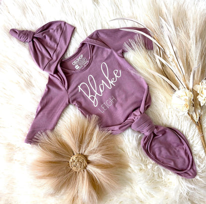 Personalized Knotted Baby Gown With Hat | Easy Diaper Change | Made in USA
