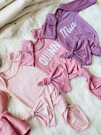 Personalized Knotted Baby Gown With Hat | Easy Diaper Change | Made in USA